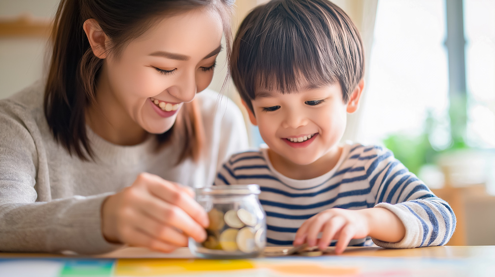 尾根の勉強をする親子